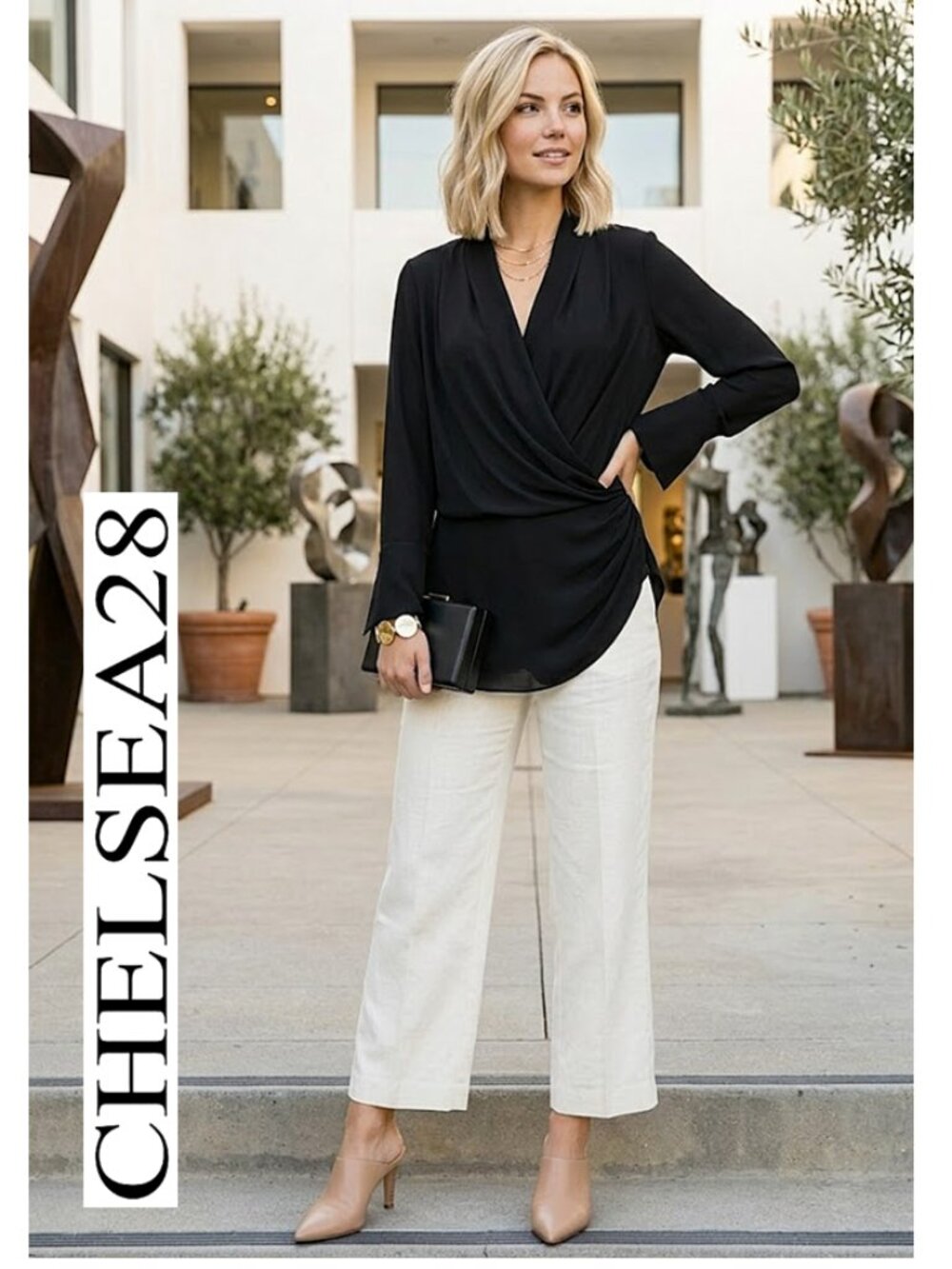 (3 for $30) CHELSEA28 - Stylish black long sleeve wrap blouse